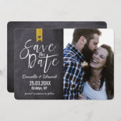 Rustic Typography Chalkboard Gold Banner Photo Save The Date (Voorkant / Achterkant)