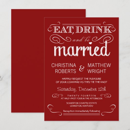 Rustic Typography Crimson Red Wedding Invitations Kaart (Voorkant / Achterkant)