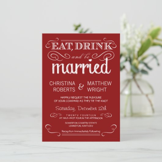 Rustic Typography Crimson Red Wedding Invitations Kaart (Staand voorkant)