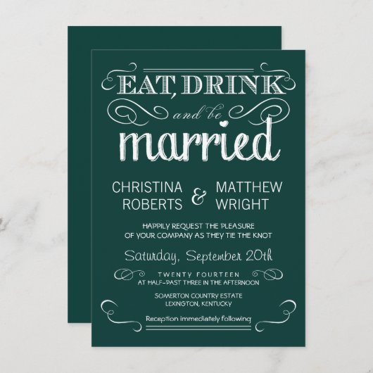Rustic Typography Emerald Green Wedding Invitation Kaart (Voorkant / Achterkant)