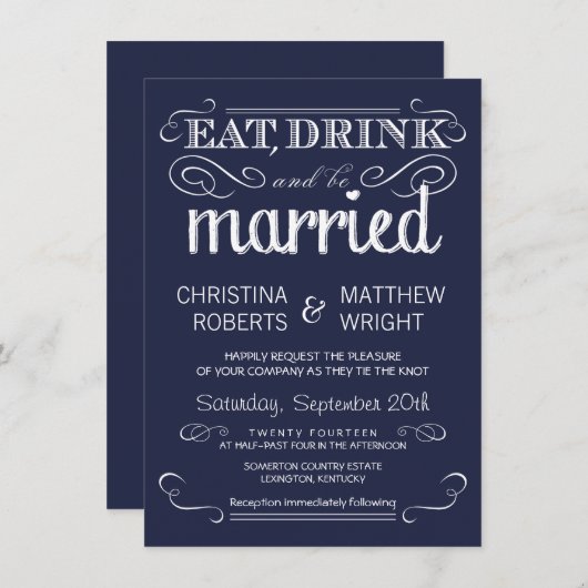 Rustic Typography Navy Blue Wedding Invitations Kaart (Voorkant / Achterkant)