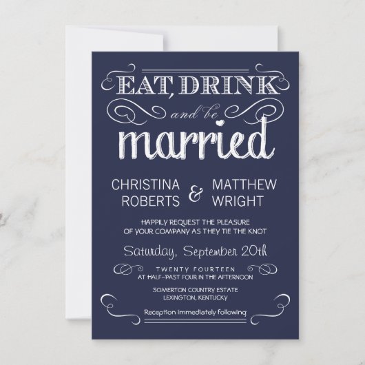 Rustic Typography Navy Blue Wedding Invitations Kaart (Voorkant)