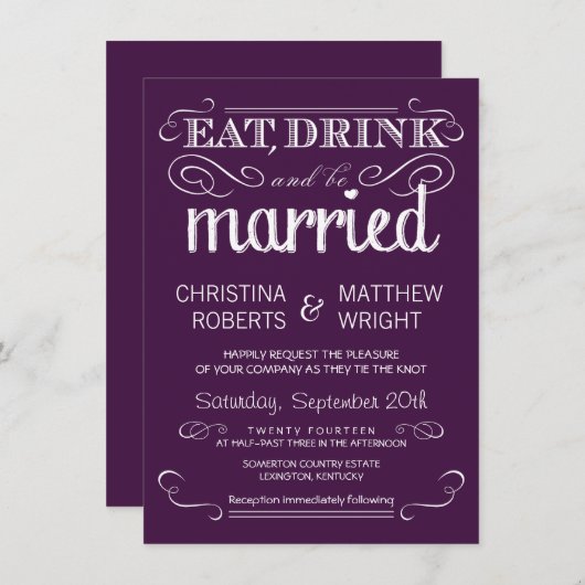 Rustic Typography Plum Paars Wedding Invitations Kaart (Voorkant / Achterkant)