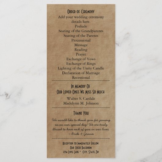 Rustic Typography Wedding Programs 2 Matrons Honor Programmakaart (Achterkant)