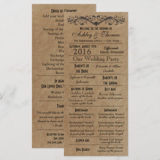 Rustic Typography Wedding Programs 2 Matrons Honor Programmakaart (Voorkant / Achterkant)