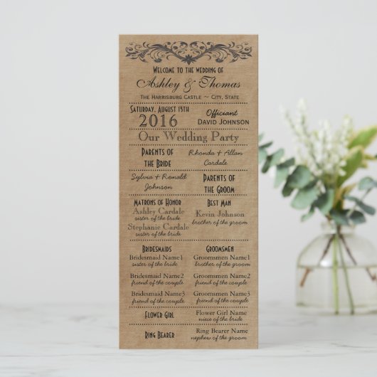 Rustic Typography Wedding Programs 2 Matrons Honor Programmakaart (Staand voorkant)