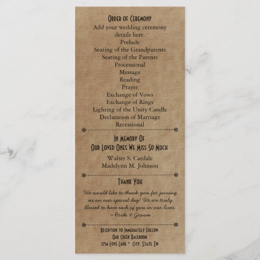 Rustic Typography Wedding Programs 6 Bridesmaids Programmakaart (Achterkant)