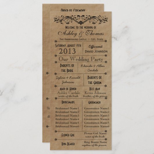 Rustic Typography Wedding Programs 6 Bridesmaids Programmakaart (Voorkant / Achterkant)