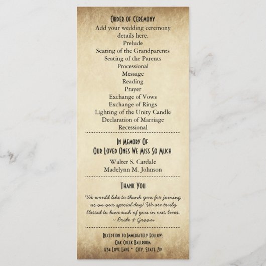 Rustic Typography Wedding Programs Programmakaart (Achterkant)