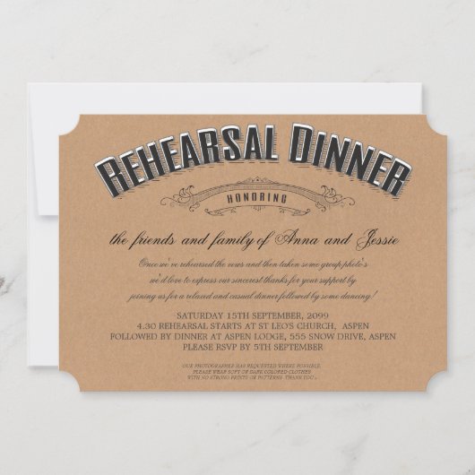 Rustic Typography Wedding Rehearsal Dinner Invite Kaart (Voorkant)