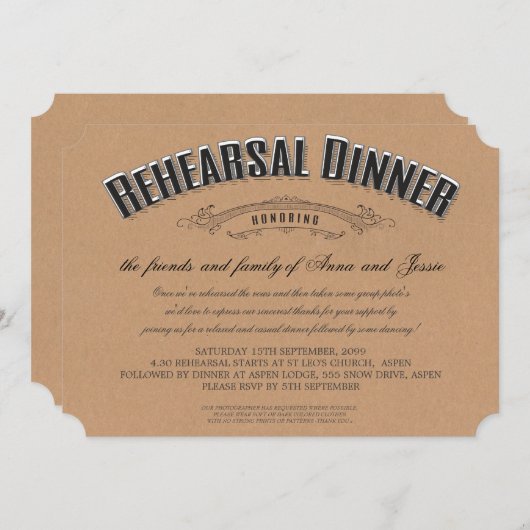 Rustic Typography Wedding Rehearsal Dinner Invite Kaart (Voorkant / Achterkant)
