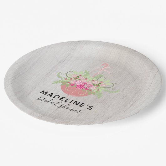 Rustic Umbrella | Rozen op houten Vrijgezellenfees Papieren Bordje (Gekanteld)