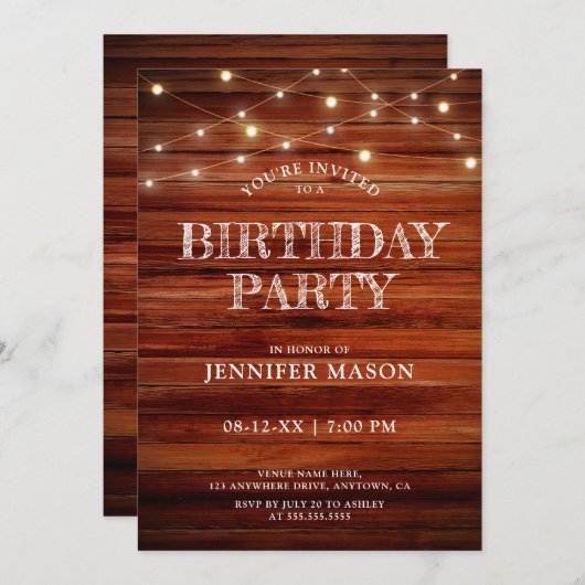 Rustic Verjaardagsfeest | Hout & Lichtslingers Kaart (Voorkant / Achterkant)