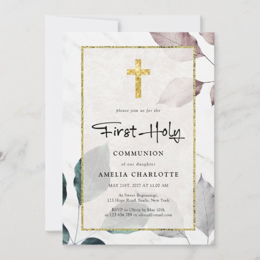 Rustic verlaat Gouden Glitter Cross Eerste Communi Kaart (Voorkant)