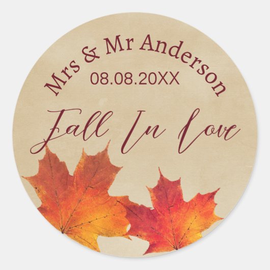 Rustic verlaat Herfst in liefde herfstbruiloftsgun Ronde Sticker (Voorkant)
