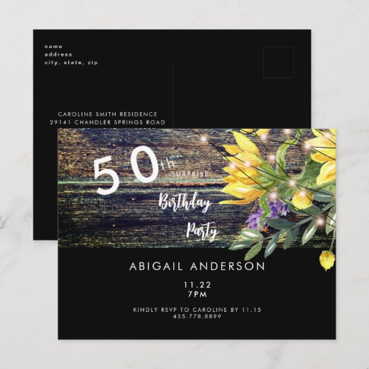 Rustic Vibes 50th Birthday Sunflower Black Uitnodiging Briefkaart (Voorkant / Achterkant)