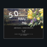 Rustic Vibes 50th Birthday Sunflower Black Uitnodiging Briefkaart<br><div class="desc">Rustic Vibes 50th Surprise Birthday Party Invitation. Zonnebloemen en lavenlichten,  hout. Hout Fence. Zwart.</div>