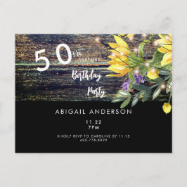 Rustic Vibes 50th Birthday Sunflower Black Uitnodiging Briefkaart