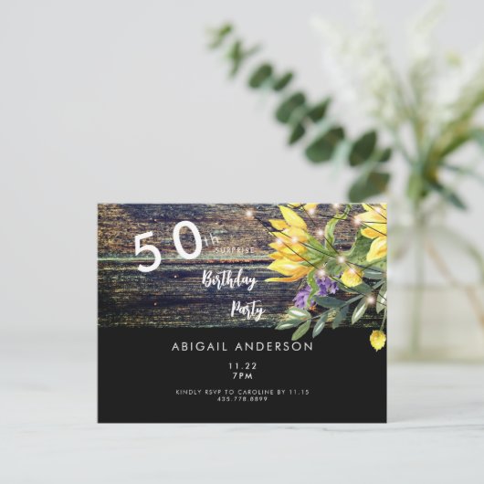 Rustic Vibes 50th Birthday Sunflower Black Uitnodiging Briefkaart (Staand voorkant)
