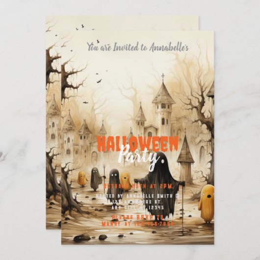 Rustic Village Ghosts Bats Halloween Party Kaart (Voorkant / Achterkant)
