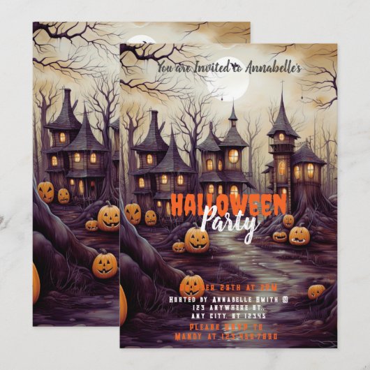 Rustic Village Volle Maan Pompoenen Halloween Part Kaart (Voorkant / Achterkant)