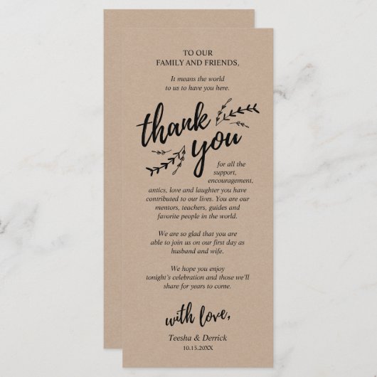 Rustic Vines Kraft, plaats instelling Dank u kaart (Voorkant / Achterkant)