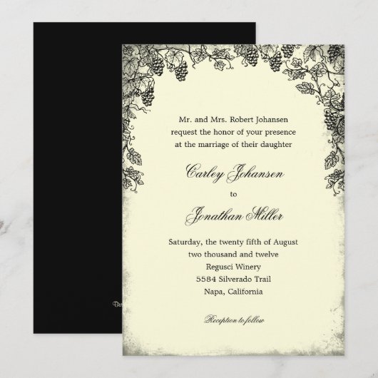 Rustic Vineyard Wedding Invitation - Black Kaart (Voorkant / Achterkant)