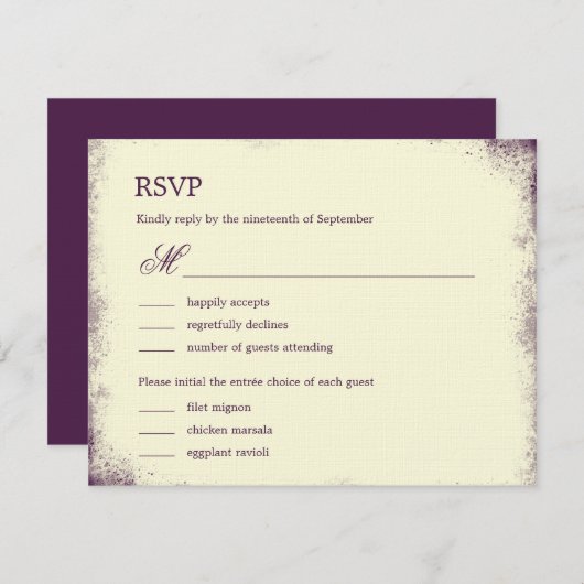 Rustic Vineyard Wedding RSVP met menu - Paars (Voorkant / Achterkant)