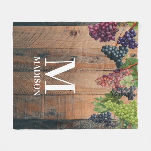 Rustic Vineyard Wood & Grapes Monogram Fleece Deken (Voorkant (Horizontaal))