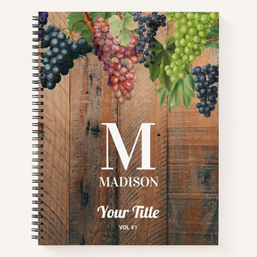 Rustic Vineyard Wood & Grapes Monogram Notitieboek (Voorkant)