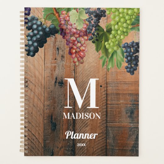 Rustic Vineyard Wood & Grapes Monogram Planner (Voorkant)