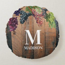 Rustic Vineyard Wood & Grapes Monogram Rond Kussen