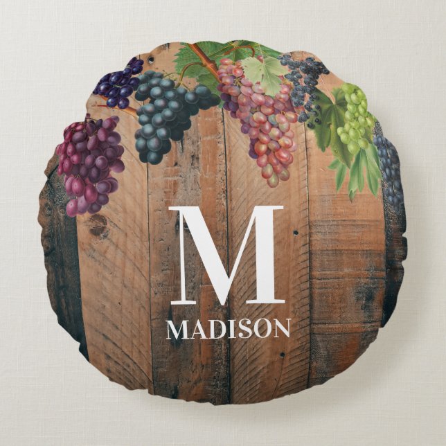 Rustic Vineyard Wood & Grapes Monogram Rond Kussen (Voorkant)