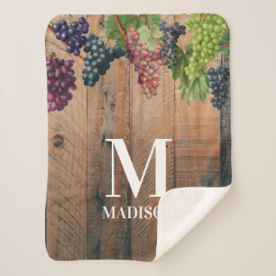 Rustic Vineyard Wood & Grapes Monogram Sherpa Deken