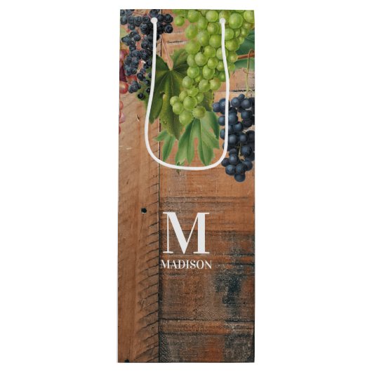 Rustic Vineyard Wood & Grapes Monogram Wijn Cadeautas (Voorkant)