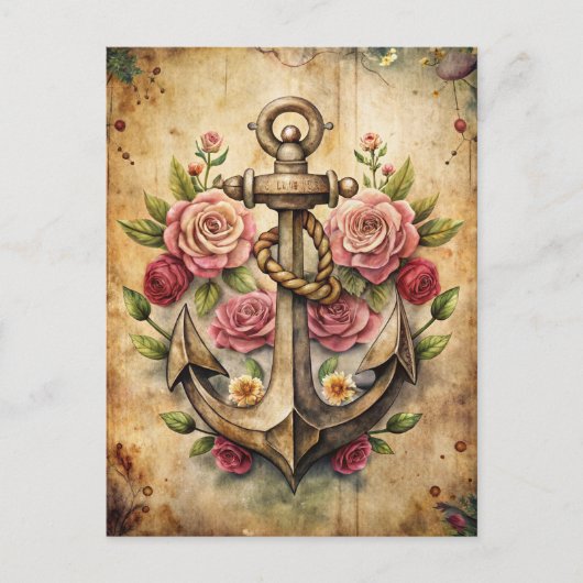 Rustic Vintage Anchor Roses Ocean Nautical Briefkaart (Voorkant)