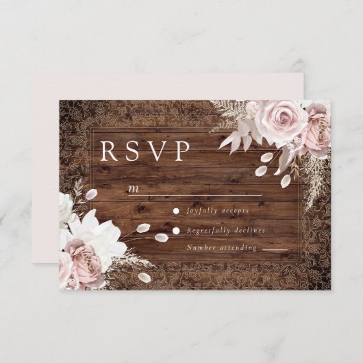 Rustic Vintage Blush Floral Wedding RSVP Kaartje (Voorkant / Achterkant)