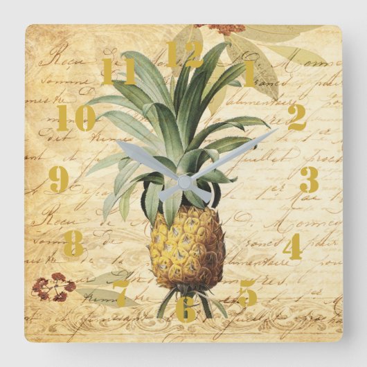 Rustic Vintage Calligraphy Pineapple Ornate Vierkante Klok (Voorkant)