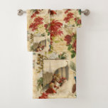 Rustic Vintage Gold Floral Christmas Ephemera Bad Handdoek<br><div class="desc">Elegant,  warm and timeless Christmas images featuring vintage red poinsettias and roses,  elegant illuminated typography,  glowing lantern,  holly,  music,  choir,  and robins on a gold distressed background with handwritten script,  ornate flourishes and grungy damask. Pattern is seamless and scalable.</div>