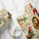 Rustic Vintage Kerstmuziek Floral Ephemera Cadeaupapier<br><div class="desc">Een onbuigzaam en nostalgisch naadloos  patroon met het portret van de kerstman,  heilig,  poinsettia,  bellen en robin dat op een pijnboomhoed is geperst met muziek van de Silent Night-pagina,  met de gravering van rustische homestead en een vertekend patroon van de ecru harlequin-diamant op de achtergrond van de boff parchment.</div>