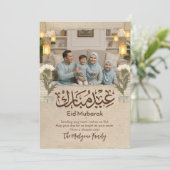 Rustic Vintage Linen Eid Mubarak Family Photo Card Feestdagenkaart (Staand voorkant)