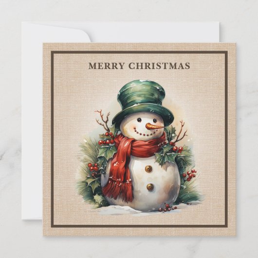 Rustic Vintage Snowman Holly Berries Burlap Feestdagenkaart (Voorkant)