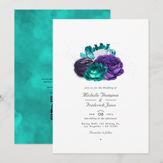Rustic Violet en Turquoise Floral QR Code Wedding Kaart (Voorkant / Achterkant)
