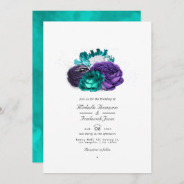 Rustic Violet en Turquoise Floral QR Code Wedding Kaart