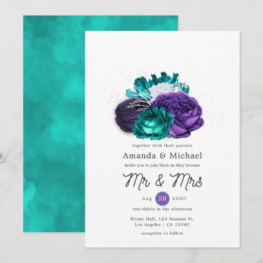 Rustic Violet en Turquoise Floral Wedding Kaart (Voorkant / Achterkant)