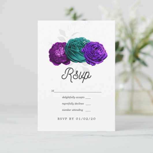 Rustic Violet en Turquoise Floral Wedding RSVP Kaartje (Staand voorkant)
