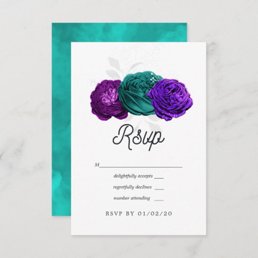 Rustic Violet en Turquoise Floral Wedding RSVP Kaartje (Voorkant / Achterkant)