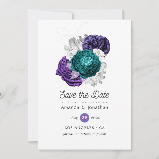 Rustic Violet en Turquoise Floral Wedding Save The Date (Voorkant)
