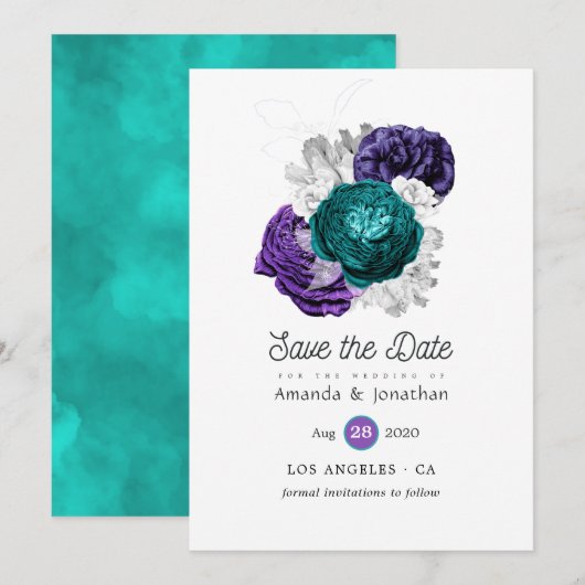 Rustic Violet en Turquoise Floral Wedding Save The Date (Voorkant / Achterkant)