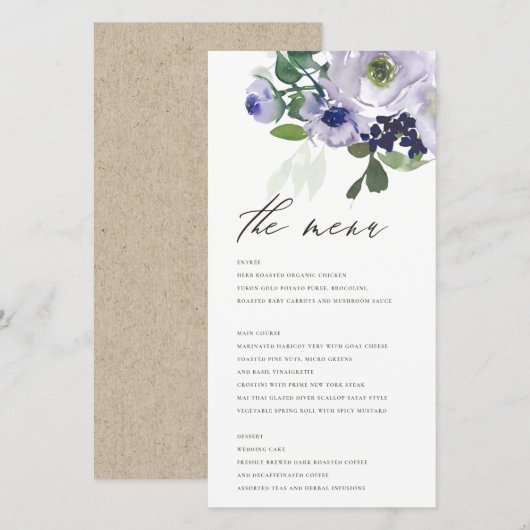 Rustic Violet Paars Floral Leafy Menu Kaart (Voorkant / Achterkant)